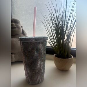 Dazzling Rhinestone Tumbler with Pink Straw